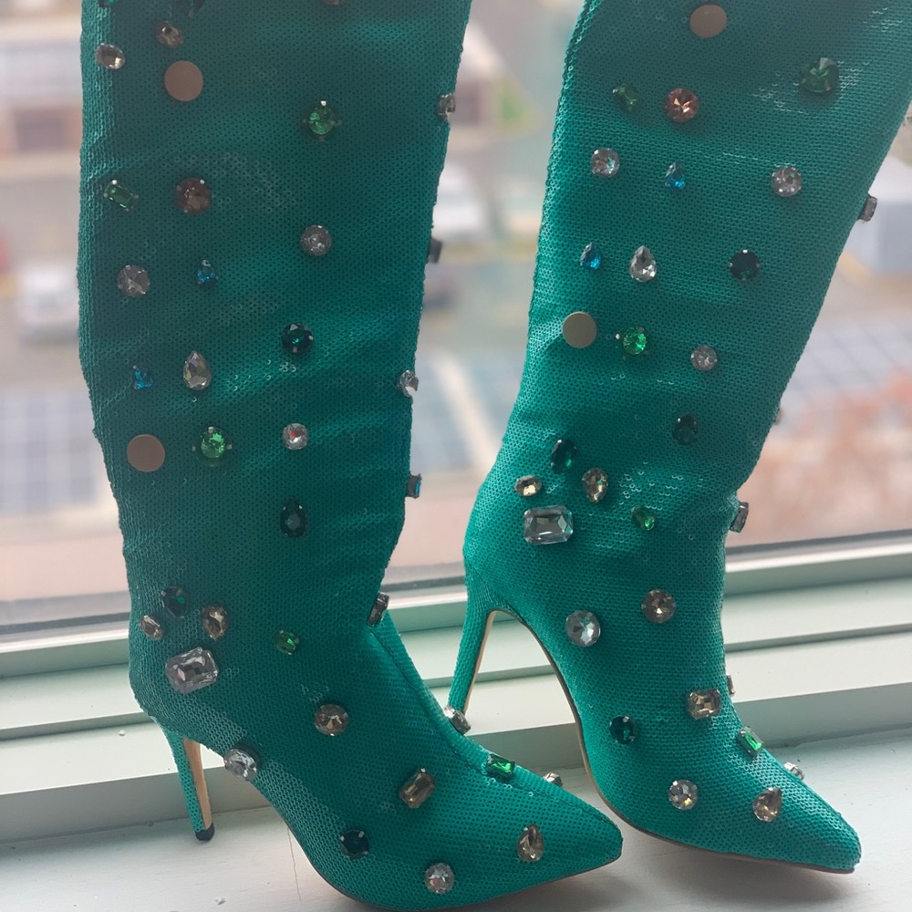 Green/Blue sequin and colorful stone boots
